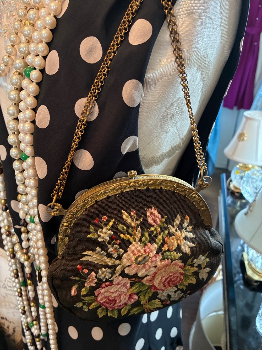 Antique Black Needlepoint Floral Pouch Purse